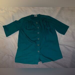 Vintage Teal Button-Up Blouse by Nouveau size Small w/ Seashell Buttons